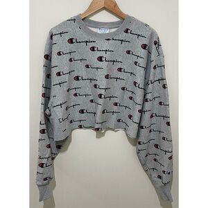 Champion Women's Gray All-Over Logo Crop Sweatshirt, Size XL